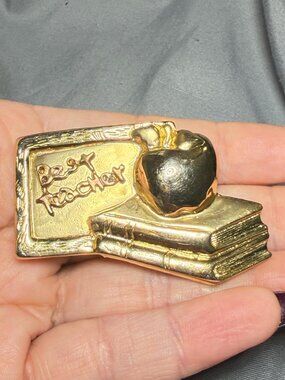 Best Teacher Vintage Brooch Gold Tone Apple Book Pin 2.25 inches
